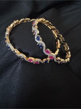 Gold-Tone Women's bangles Set with Blue and Pink Stones